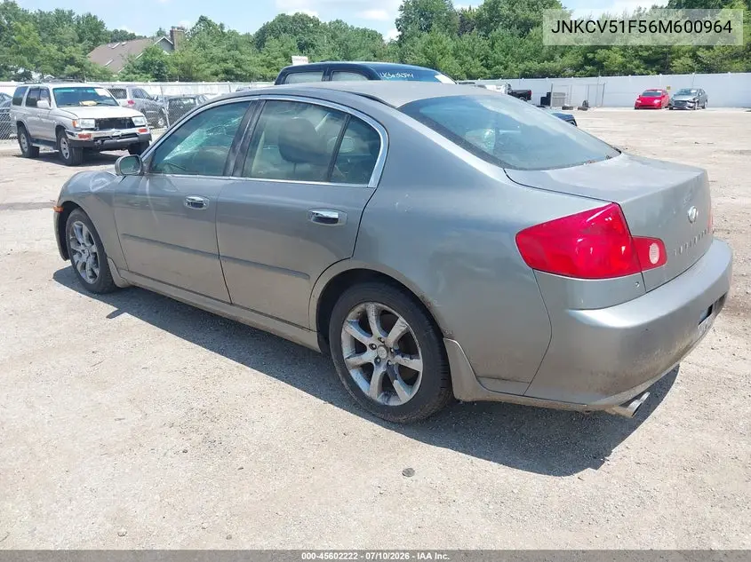 2006 Infiniti G35X VIN: JNKCV51F56M600964 Lot: 45602222