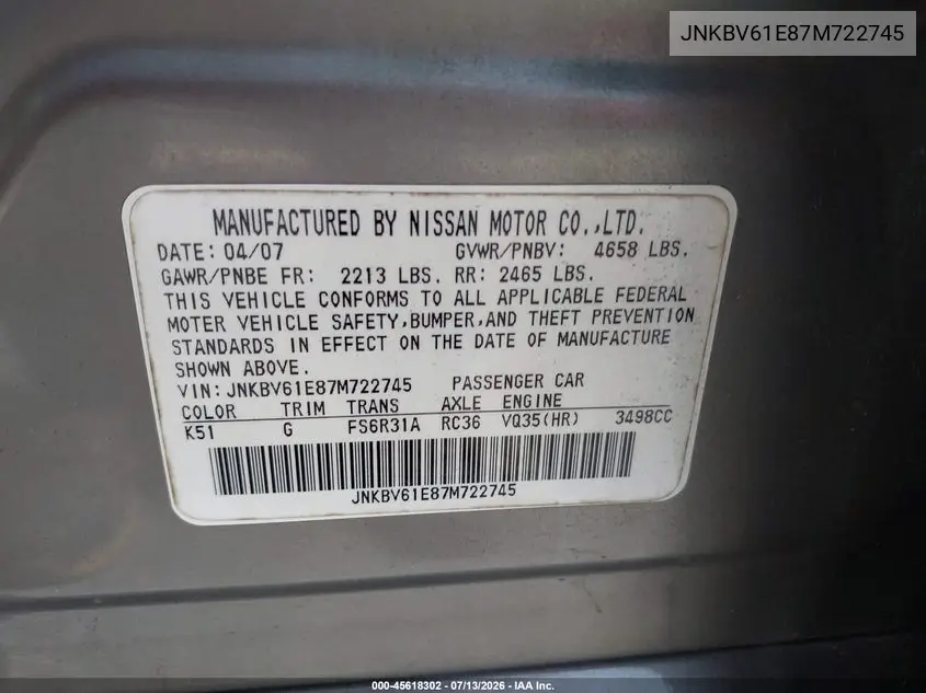 2007 Infiniti G35 Sport W/6-Speed Manual VIN: JNKBV61E87M722745 Lot: 45618302