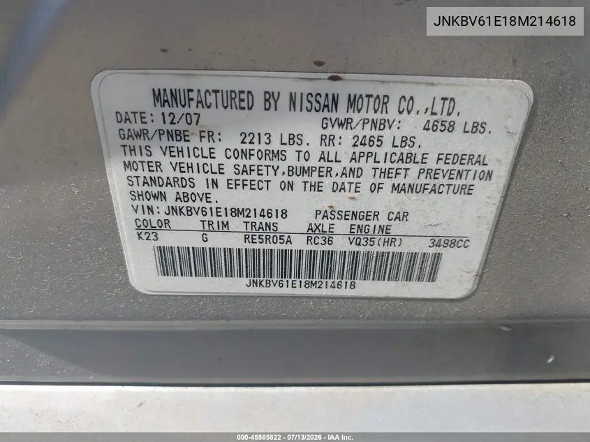 2008 Infiniti G35 Journey VIN: JNKBV61E18M214618 Lot: 45565822