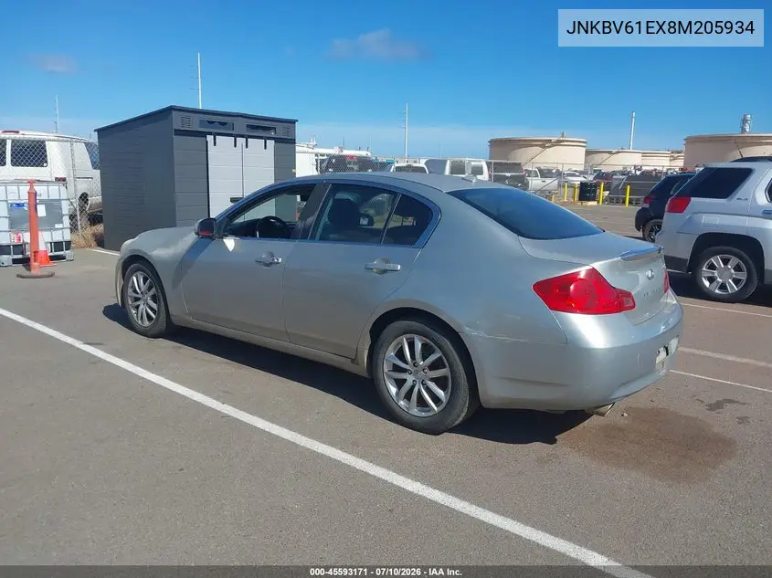 2008 Infiniti G35 VIN: JNKBV61EX8M205934 Lot: 45593171