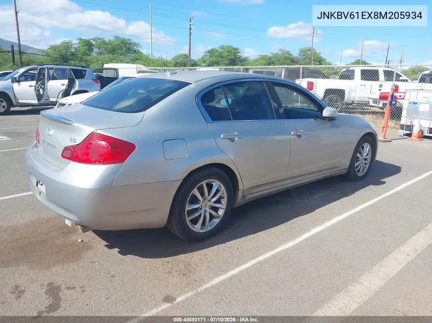 2008 Infiniti G35 VIN: JNKBV61EX8M205934 Lot: 45593171