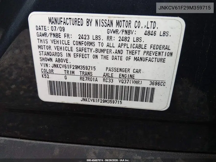 2009 Infiniti G37X VIN: JNKCV61F29M359715 Lot: 45487074