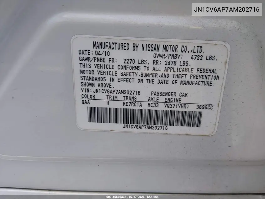 2010 Infiniti G37 Journey VIN: JN1CV6AP7AM202716 Lot: 45666338