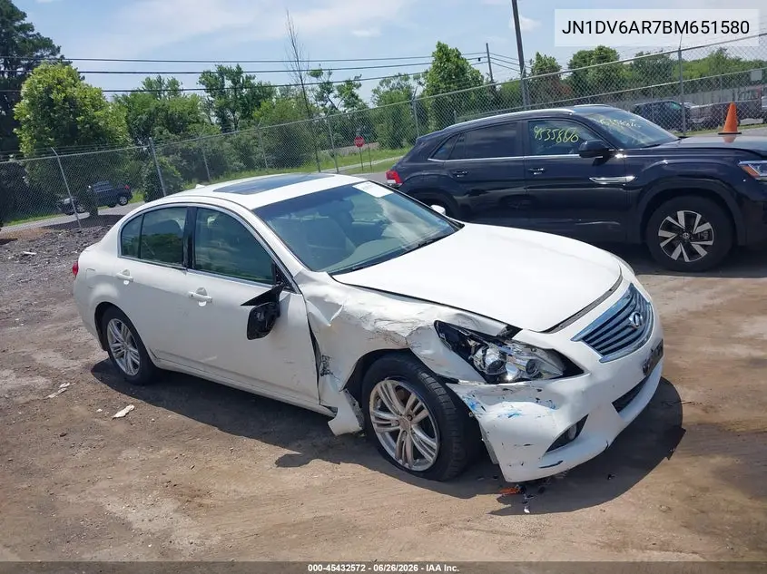 2011 Infiniti G25X VIN: JN1DV6AR7BM651580 Lot: 45432572
