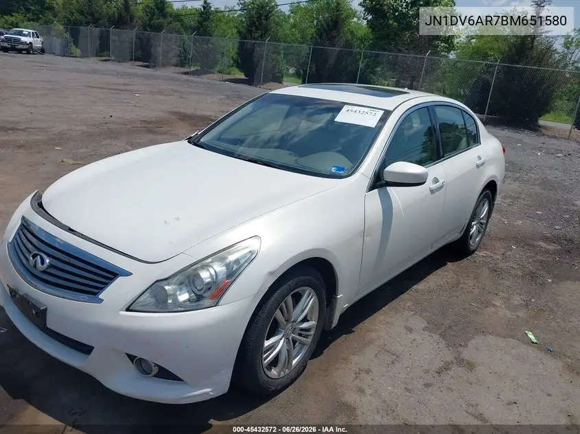 2011 Infiniti G25X VIN: JN1DV6AR7BM651580 Lot: 45432572