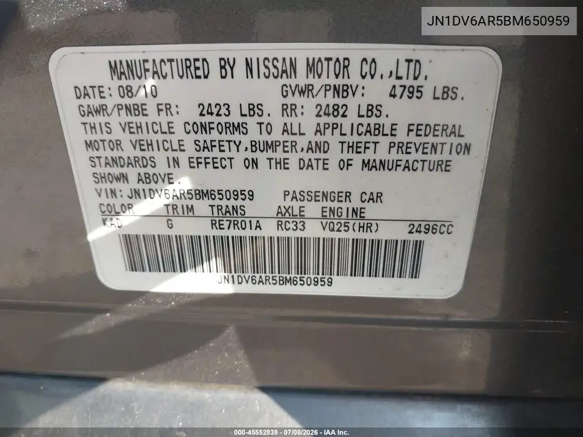 2011 Infiniti G25X VIN: JN1DV6AR5BM650959 Lot: 45552839