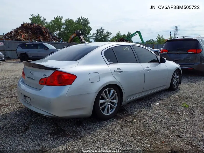 2011 Infiniti G37 Journey VIN: JN1CV6AP3BM505722 Lot: 45571051