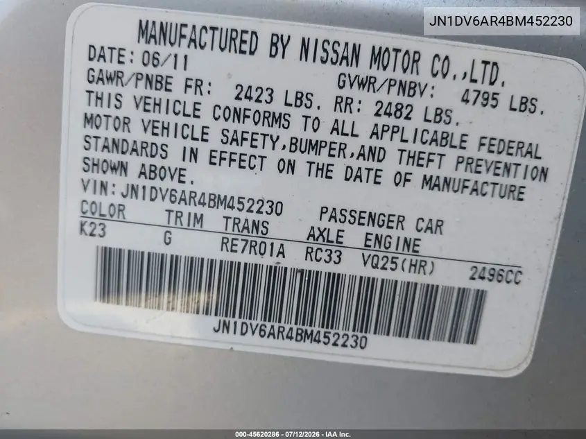 2011 Infiniti G25X VIN: JN1DV6AR4BM452230 Lot: 45620286
