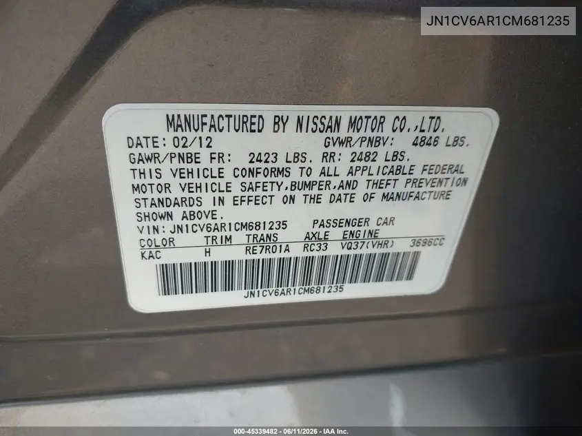 2012 Infiniti G37X VIN: JN1CV6AR1CM681235 Lot: 45339482