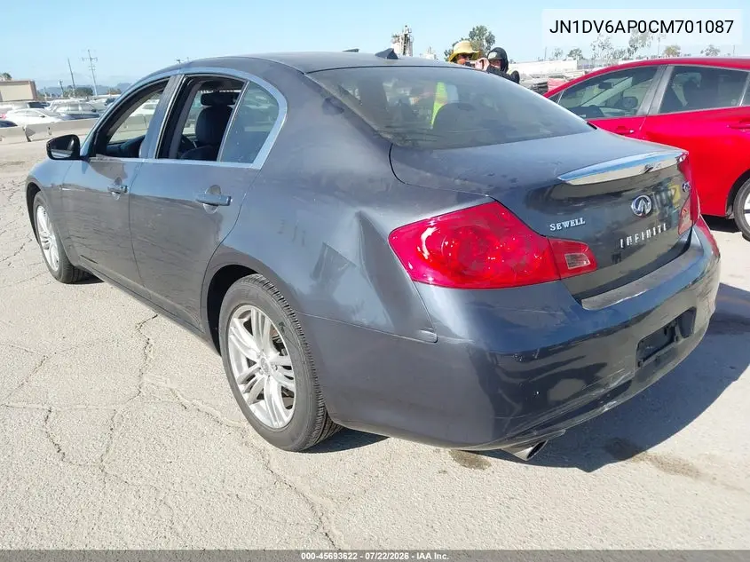 2012 Infiniti G25 Journey VIN: JN1DV6AP0CM701087 Lot: 45693622