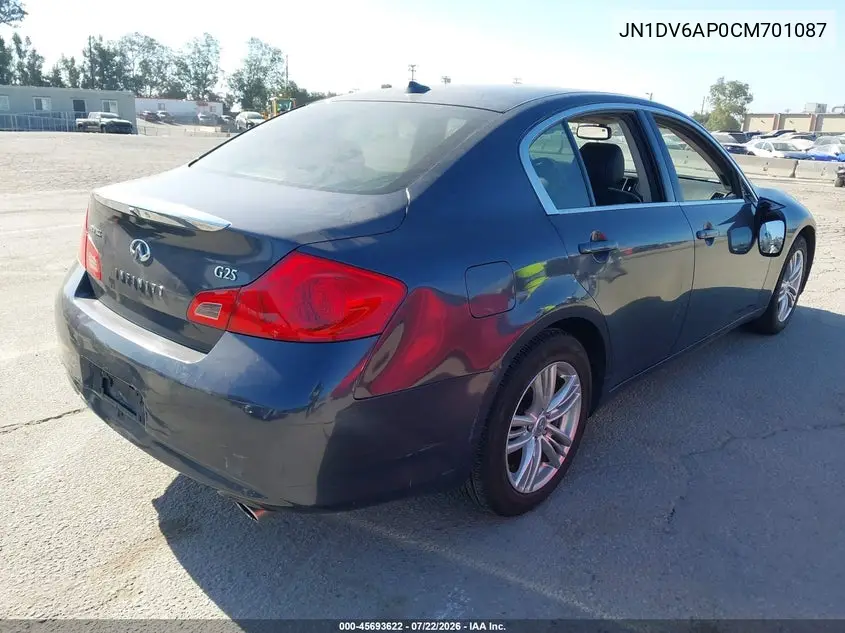 2012 Infiniti G25 Journey VIN: JN1DV6AP0CM701087 Lot: 45693622