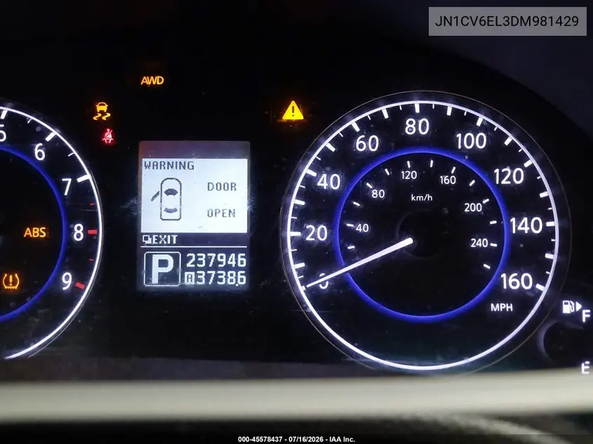 2013 Infiniti G37X VIN: JN1CV6EL3DM981429 Lot: 45578437