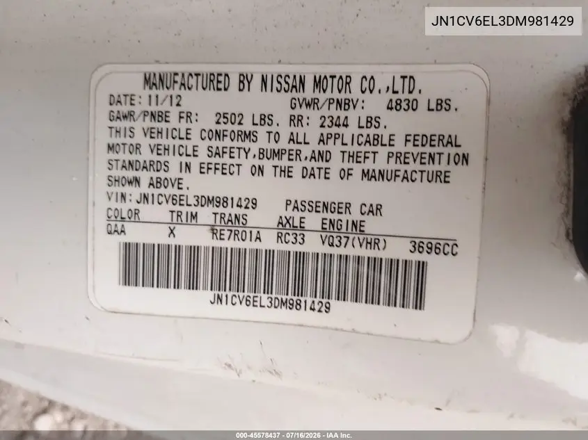 2013 Infiniti G37X VIN: JN1CV6EL3DM981429 Lot: 45578437