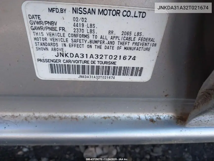 2002 Infiniti I35 Luxury VIN: JNKDA31A32T021674 Lot: 43729270