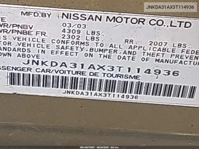 2003 Infiniti I35 Luxury VIN: JNKDA31AX3T114936 Lot: 45475097