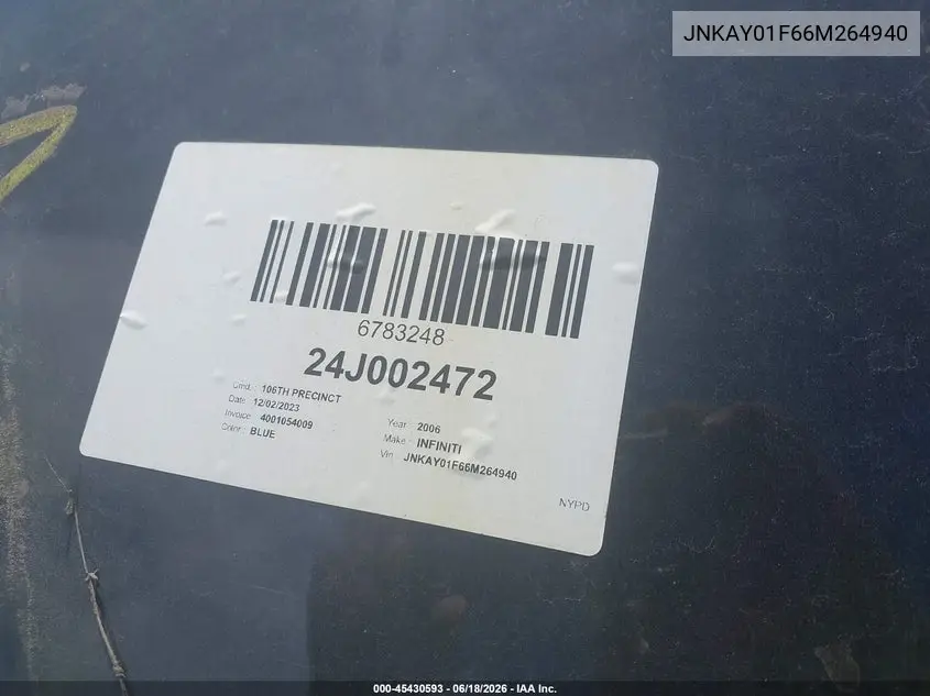 2006 Infiniti M35X VIN: JNKAY01F66M264940 Lot: 45430593