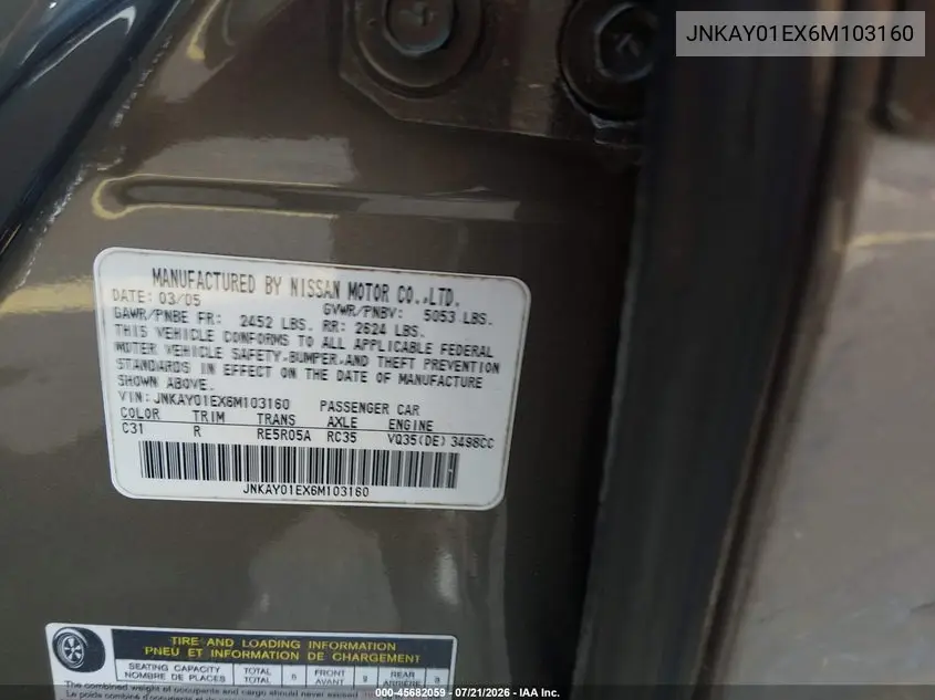 2006 Infiniti M35 Sport VIN: JNKAY01EX6M103160 Lot: 45682059