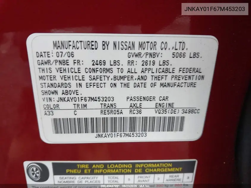 2007 Infiniti M35X VIN: JNKAY01F67M453203 Lot: 45447091