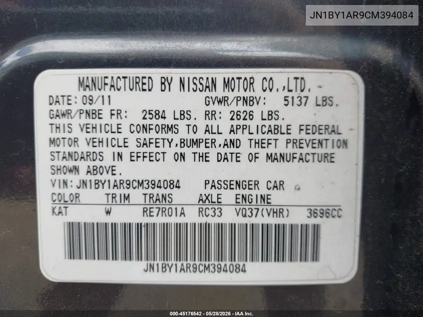 2012 Infiniti M37X VIN: JN1BY1AR9CM394084 Lot: 45176542