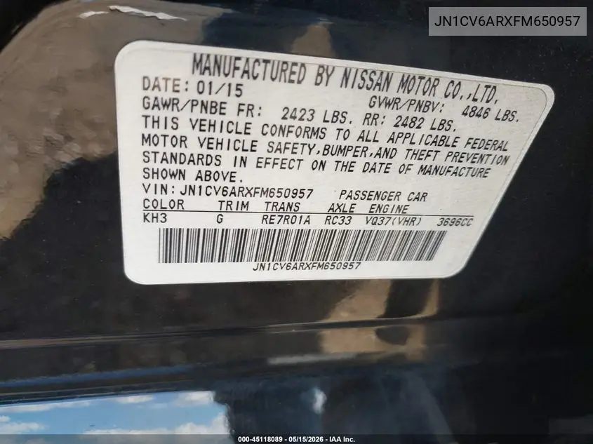 2015 Infiniti Q40 VIN: JN1CV6ARXFM650957 Lot: 45118089