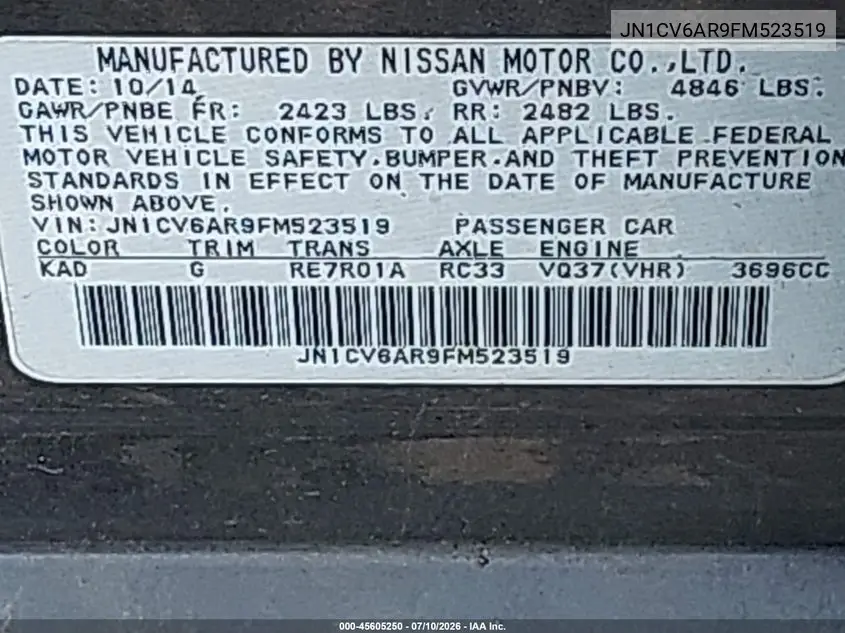 2015 Infiniti Q40 VIN: JN1CV6AR9FM523519 Lot: 45605250