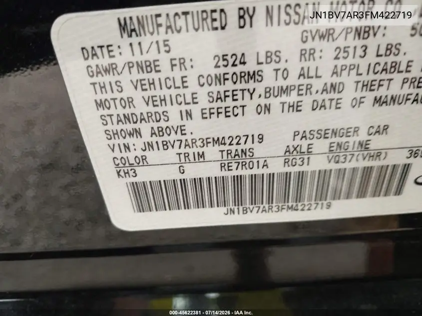 2015 Infiniti Q50 Premium VIN: JN1BV7AR3FM422719 Lot: 45622381