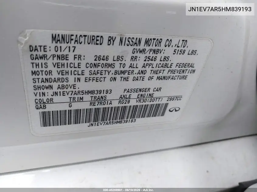 2017 Infiniti Q50 3.0T Signature Edition VIN: JN1EV7AR5HM839193 Lot: 45288981