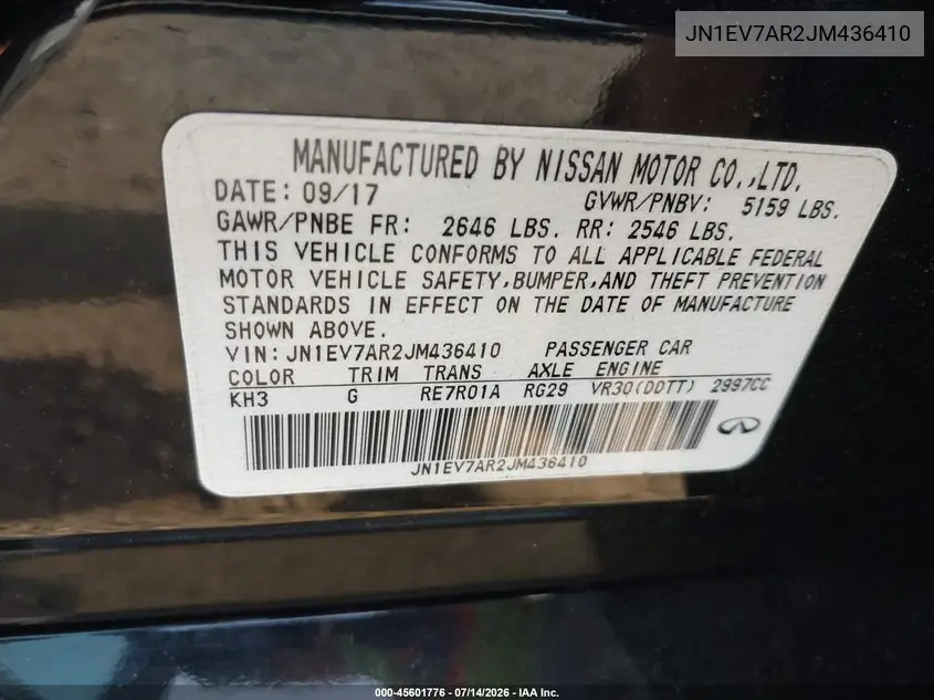 2018 Infiniti Q50 3.0T Sport VIN: JN1EV7AR2JM436410 Lot: 45601776