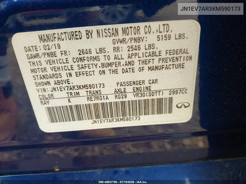 2019 Infiniti Q50 3.0T Sport VIN: JN1EV7AR3KM590173 Lot: 45637790