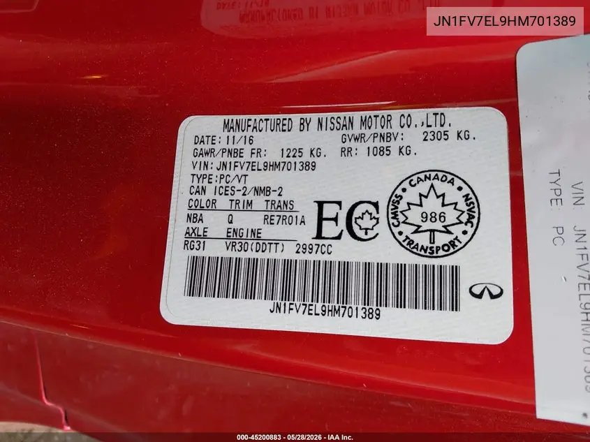 2017 Infiniti Q60 3.0T Red Sport 400 VIN: JN1FV7EL9HM701389 Lot: 45200883