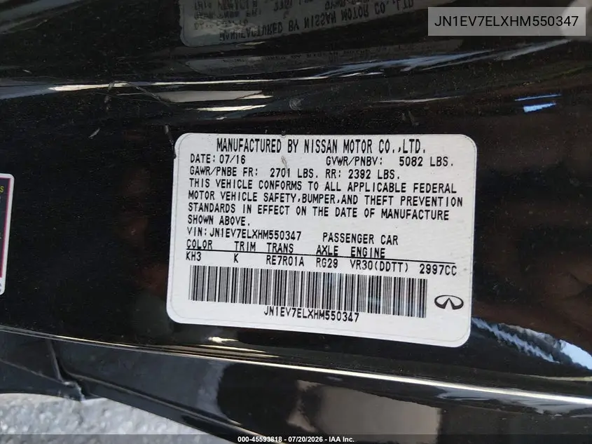 2017 Infiniti Q60 3.0T Premium VIN: JN1EV7ELXHM550347 Lot: 45593818