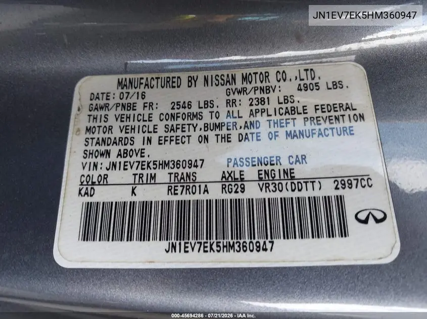 2017 Infiniti Q60 3.0T Premium VIN: JN1EV7EK5HM360947 Lot: 45694286