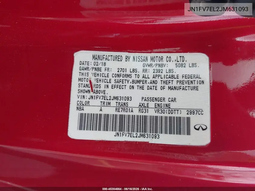 2018 Infiniti Q60 3.0T Red Sport 400 VIN: JN1FV7EL2JM631093 Lot: 45384664
