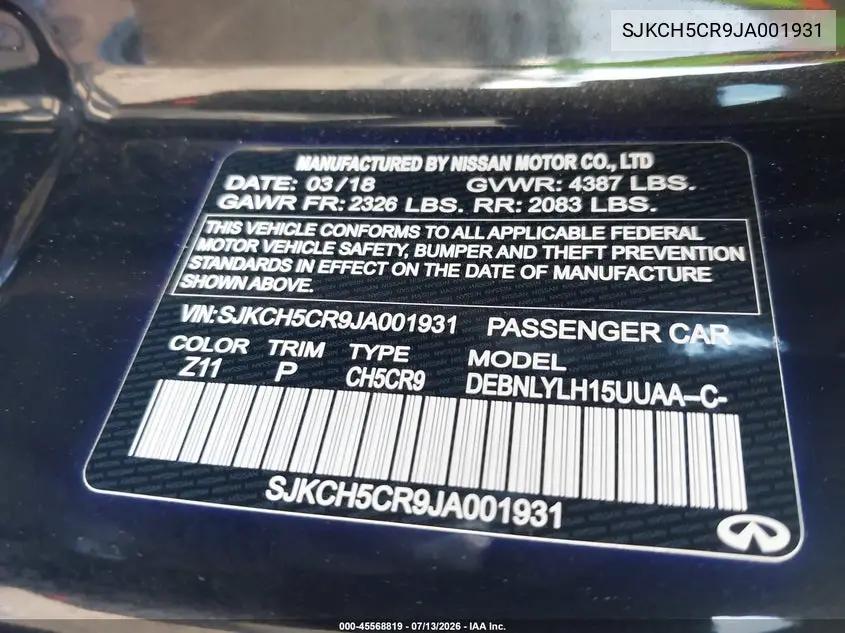 2018 Infiniti Qx30 Essential VIN: SJKCH5CR9JA001931 Lot: 45568819