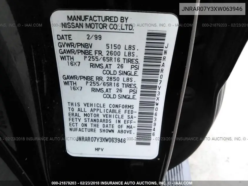 1999 Infiniti Qx4 VIN: JNRAR07Y3XW063946 Lot: 21879203