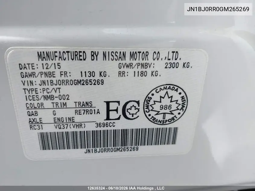 2016 Infiniti Qx50 VIN: JN1BJ0RR0GM265269 Lot: 12635324