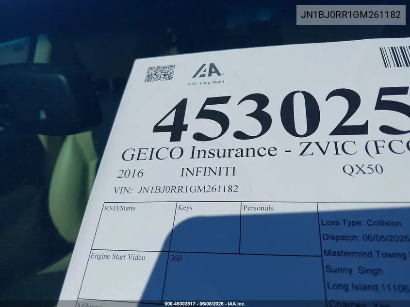 2016 Infiniti Qx50 VIN: JN1BJ0RR1GM261182 Lot: 45302517