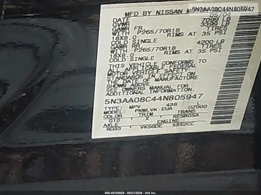 2004 Infiniti Qx56 VIN: 5N3AA08C44N805947 Lot: 45184929
