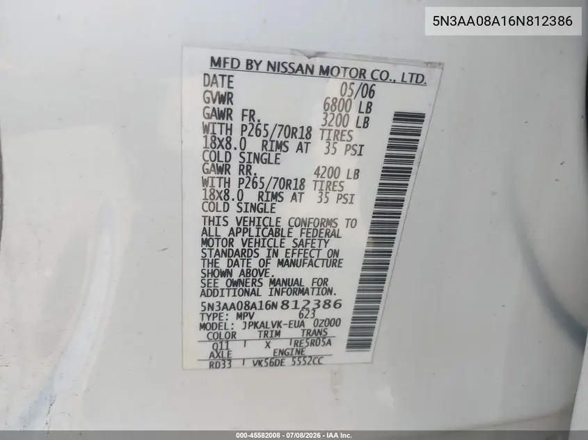 2006 Infiniti Qx56 VIN: 5N3AA08A16N812386 Lot: 45582008