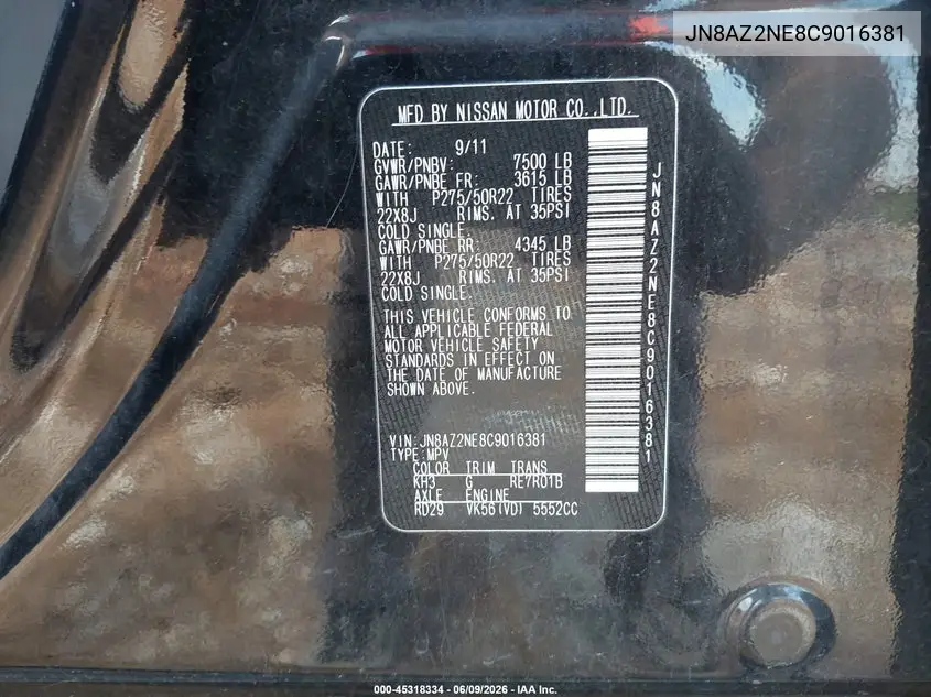 2012 Infiniti Qx56 VIN: JN8AZ2NE8C9016381 Lot: 45318334