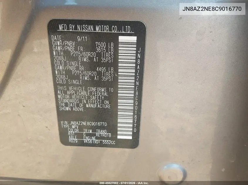 2012 Infiniti Qx56 VIN: JN8AZ2NE8C9016770 Lot: 45527002