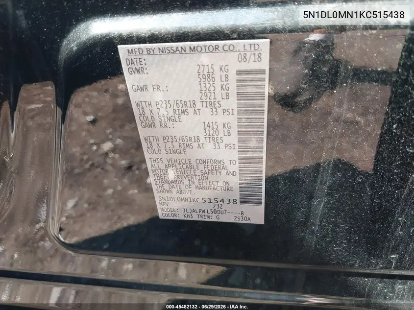 2019 Infiniti Qx60 Pure VIN: 5N1DL0MN1KC515438 Lot: 45482132