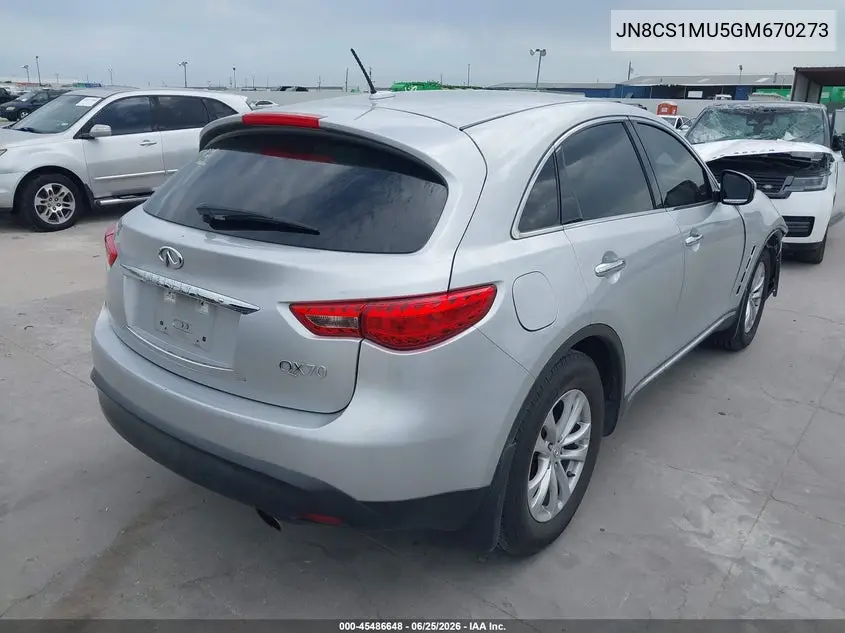 2016 Infiniti Qx70 VIN: JN8CS1MU5GM670273 Lot: 45486648