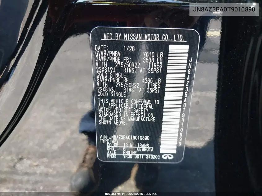 2026 Infiniti Qx80 Luxe VIN: JN8AZ3BA0T9010890 Lot: 45479811