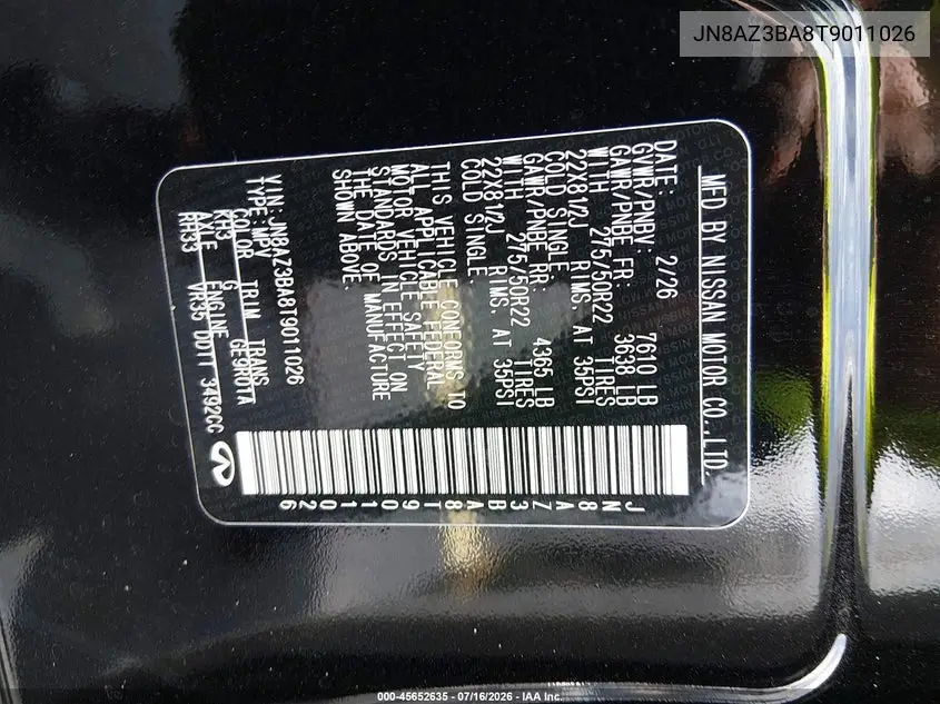 2026 Infiniti Qx80 Luxe VIN: JN8AZ3BA8T9011026 Lot: 45652635