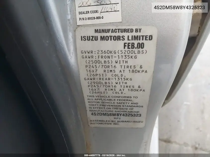 2000 Isuzu Rodeo Ls/Lse/S VIN: 4S2DM58W8Y4325323 Lot: 44597779