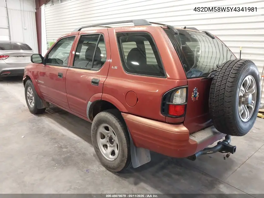 2000 Isuzu Rodeo Ls/Lse/S VIN: 4S2DM58W5Y4341981 Lot: 45078079