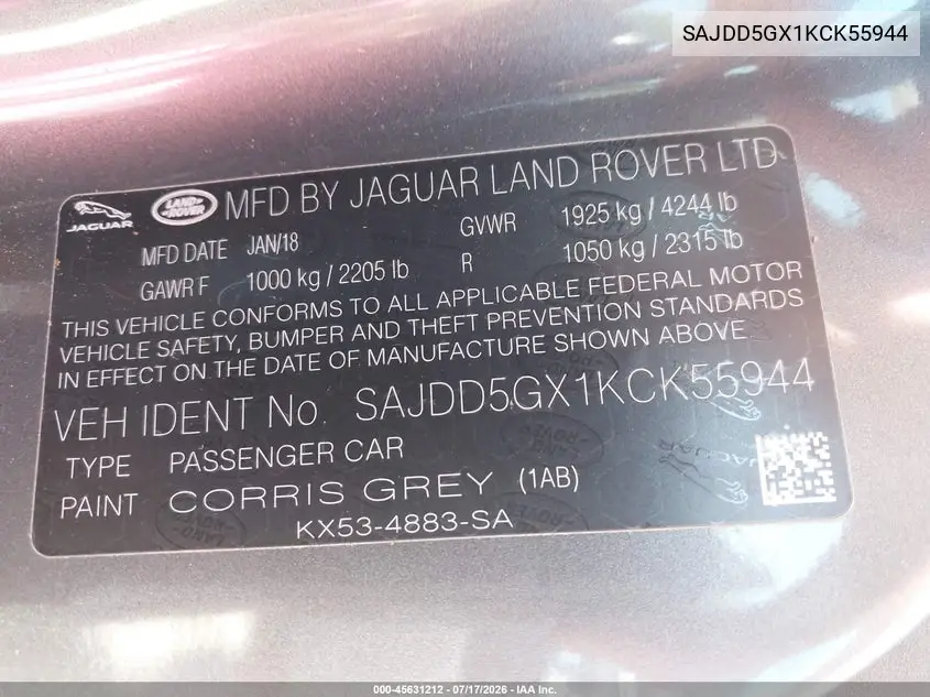 2019 Jaguar F-Type P300 VIN: SAJDD5GX1KCK55944 Lot: 45631212