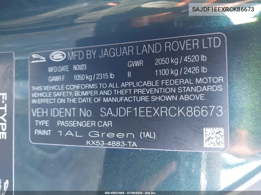 2024 Jaguar F-Type P450 R-Dynamic Rwd Automatic VIN: SAJDF1EEXRCK86673 Lot: 45521665