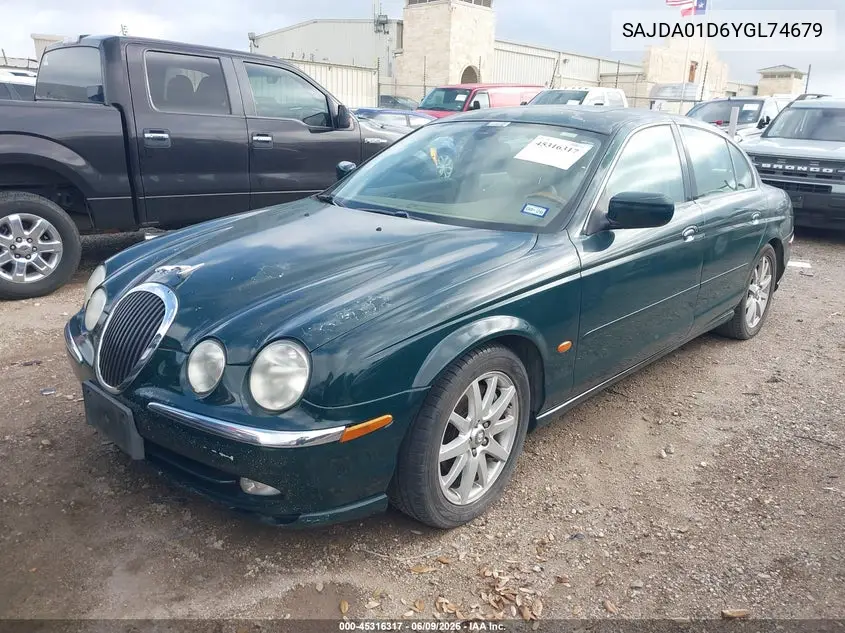 2000 Jaguar S-Type 4.0L V8 VIN: SAJDA01D6YGL74679 Lot: 45316317